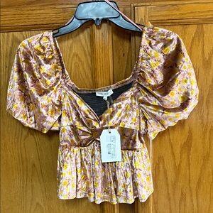 Free the Roses Pink Floral Puff-Sleeve Peplum Top with Yellow Accents